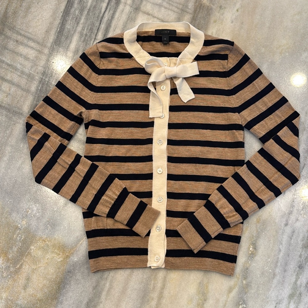 J.crew tan navy striped merino wool sweater cardigan cream bow neck
